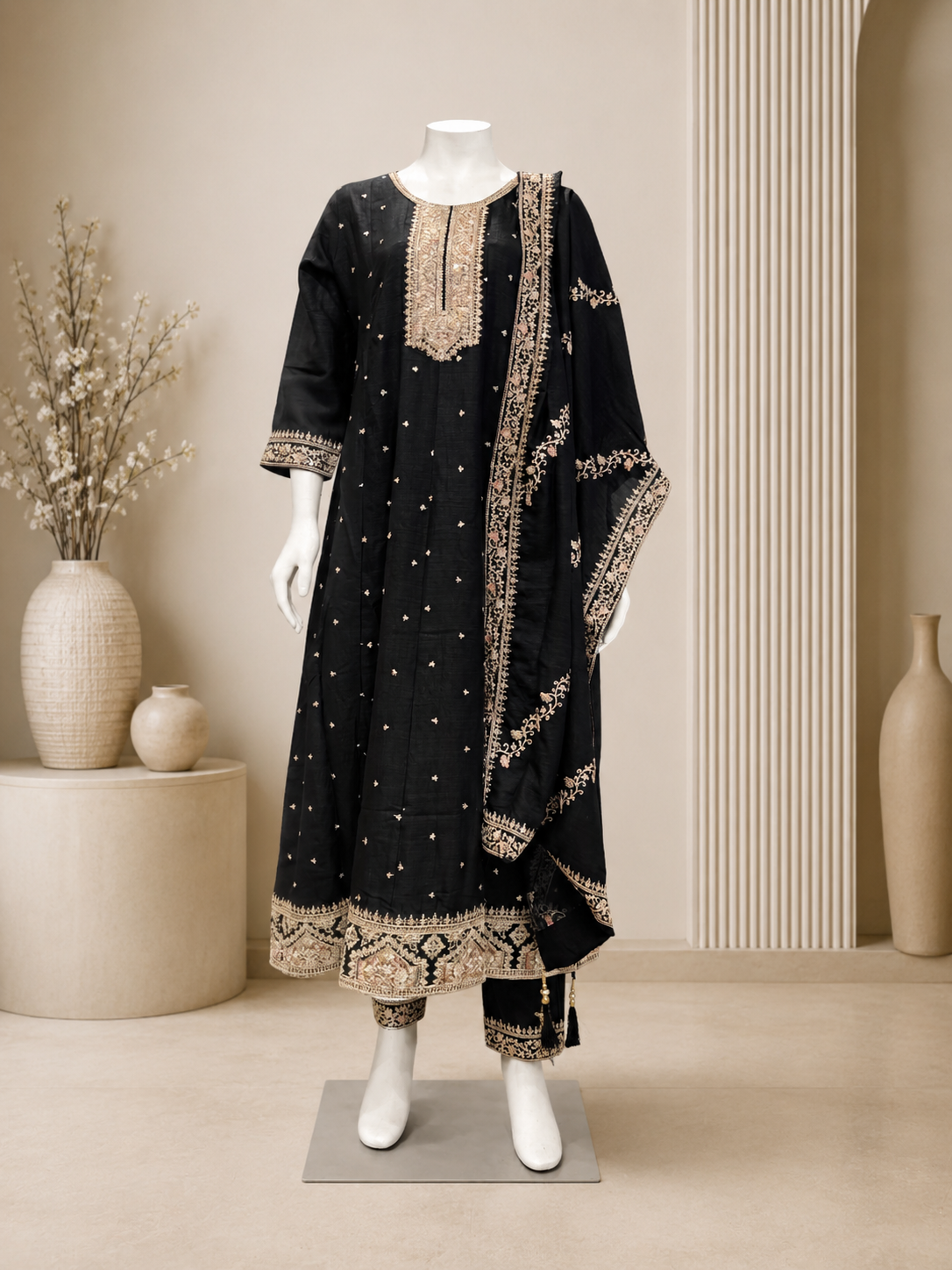 Black Vichitra Silk Embroidered Designer Anarkali Suit with Dupatta